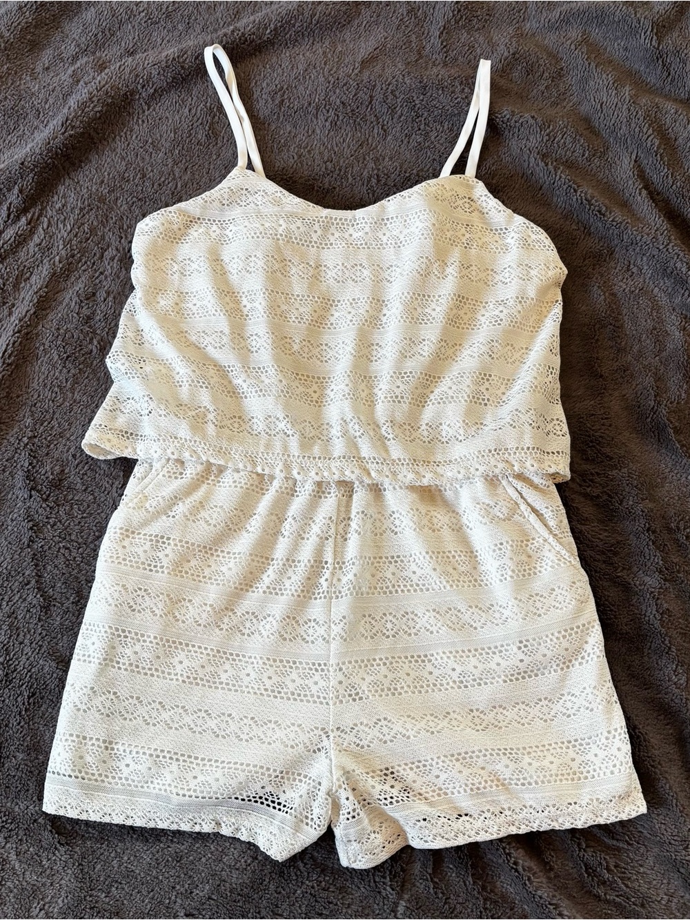 Rewind White Lace Romper with Spaghetti Straps